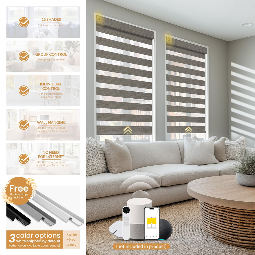 Motorized Zebra Blinds with Remote, APP Control - 95% Blackout Dark Brown
