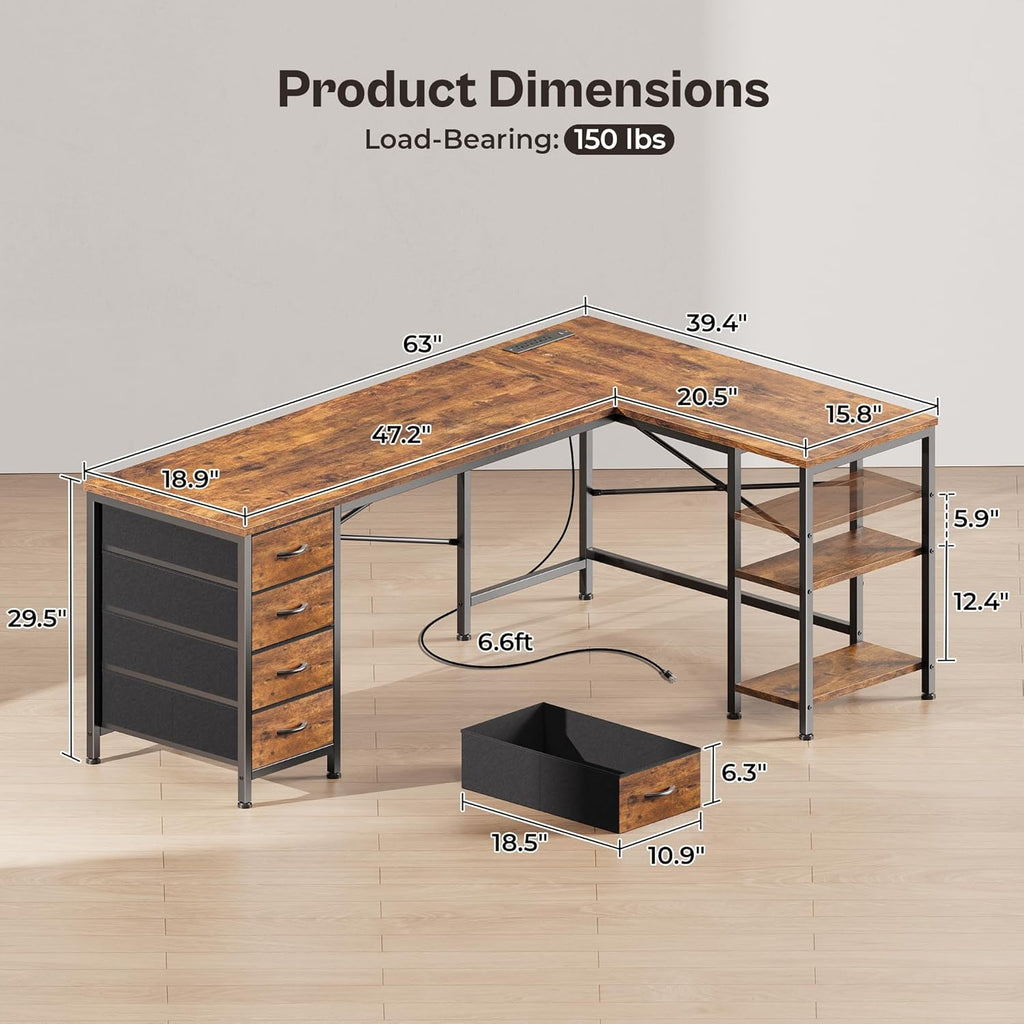 63 Inch L Shaped Desk with Fabric Drawers, Computer Office Desk with Power Outlets and USB-C Port