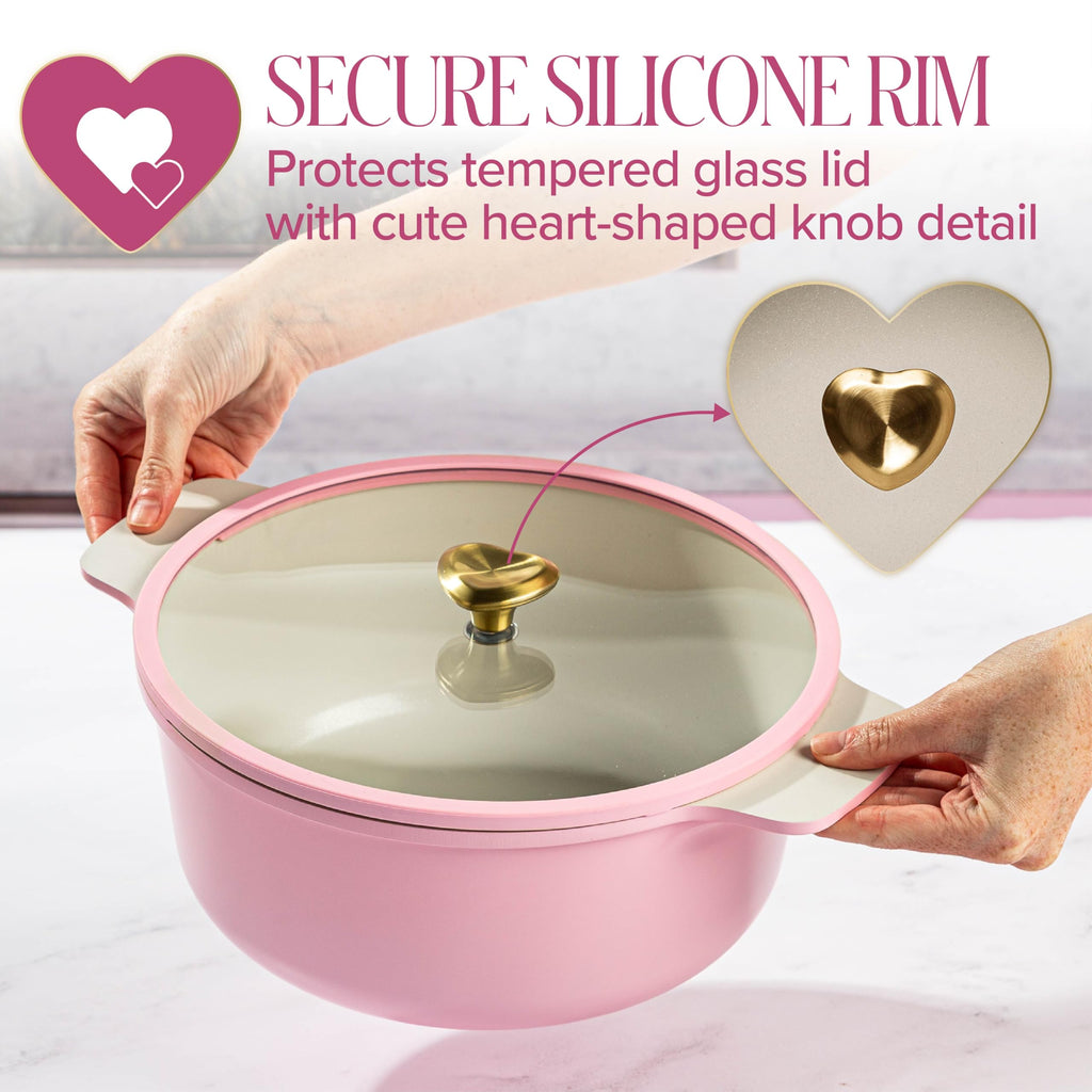 Cast Aluminum Dutch Oven with Lid, Ceramic Nonstick Coating Made Without PFAS, PFOA, PFOS & PTFE, Heart Knob