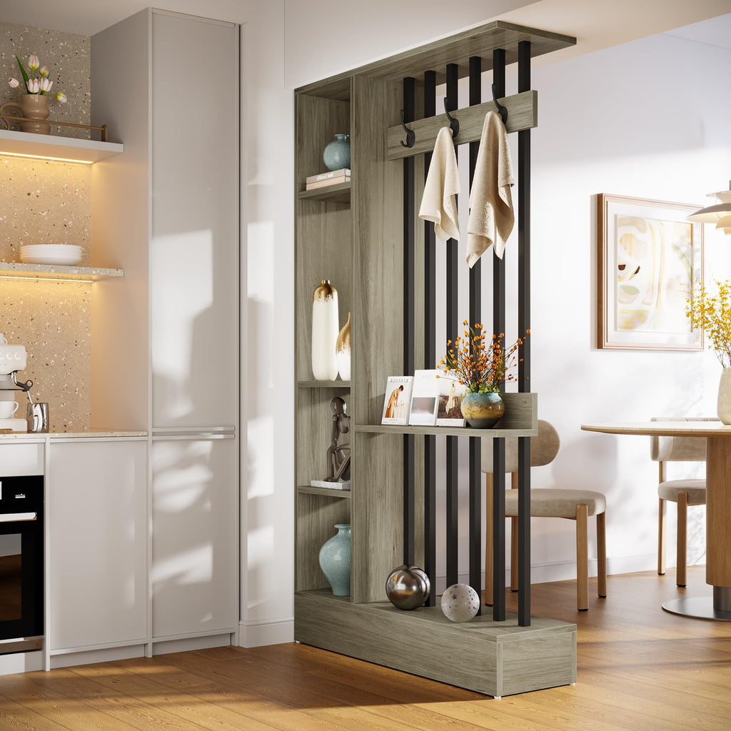 Wall Room Divider, Wood Freestanding Room Divider Bookcase with Shelves & Coat Hooks, 71" Modern Wall Partition