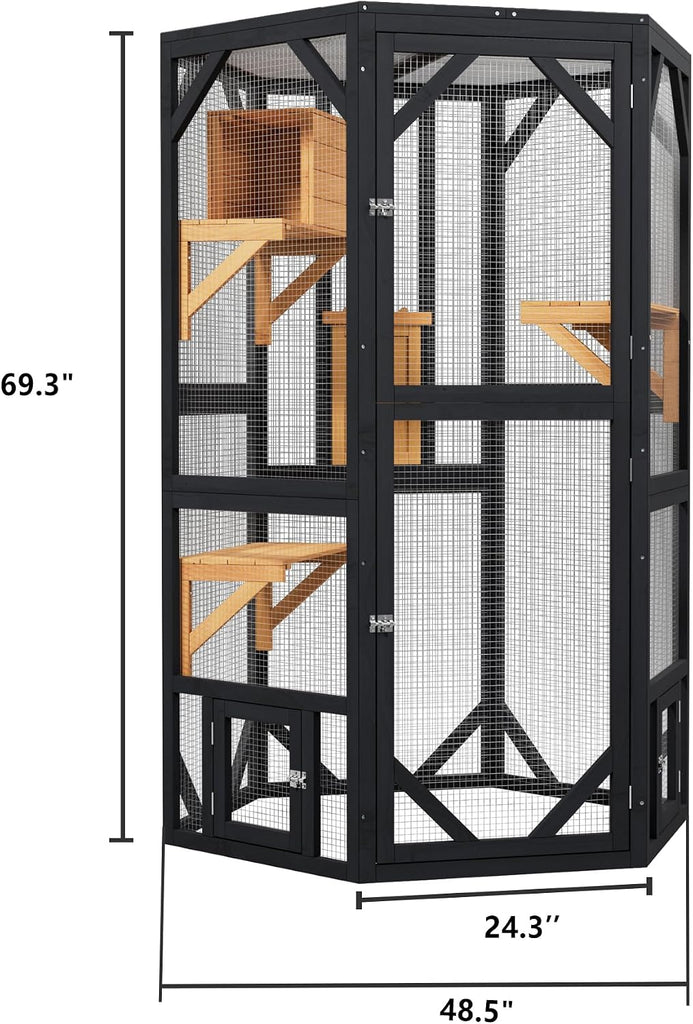 69.3 Inch Catio Outdoor Cat Enclosure, Hexagonal Tall Wooden Cat Catio