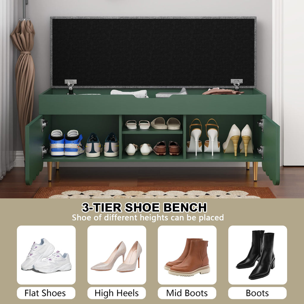 40" Upholstered Flip Top Entryway Shoe Bench, Green