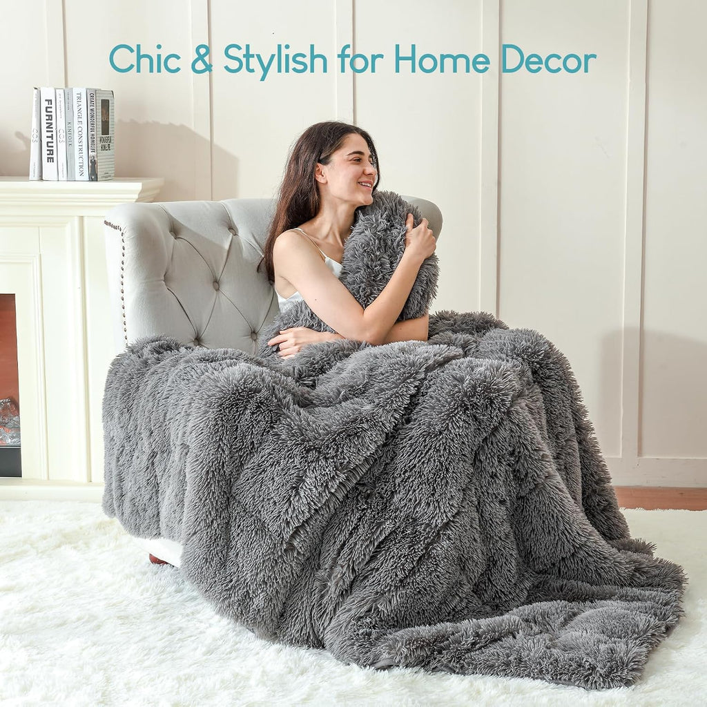 Faux Fur Reversible Sherpa Weighted Blanket 15lbs,Luxury Snugly Long Fur Warm Heavy Blanket 60x80 inches,Super Soft