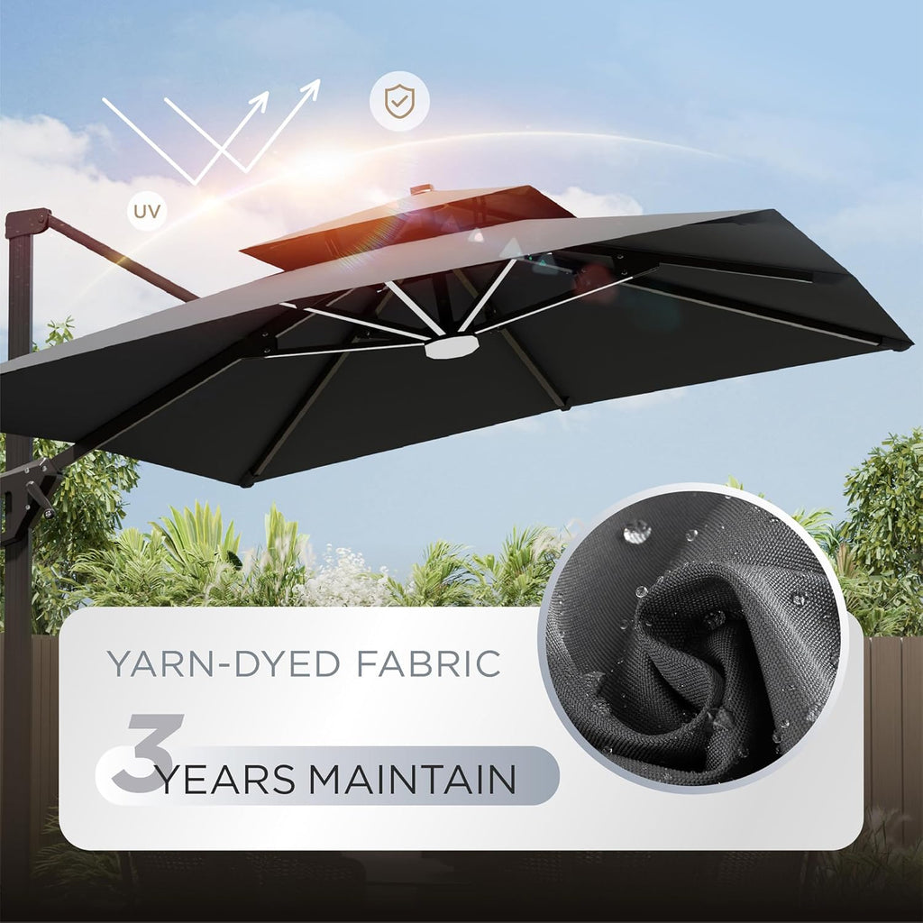 10' X 13' Patio Umbrella with Weighted Base and LED Lights Outdoor Cantilever Large Rectangle Offset Umbrellas Heavy