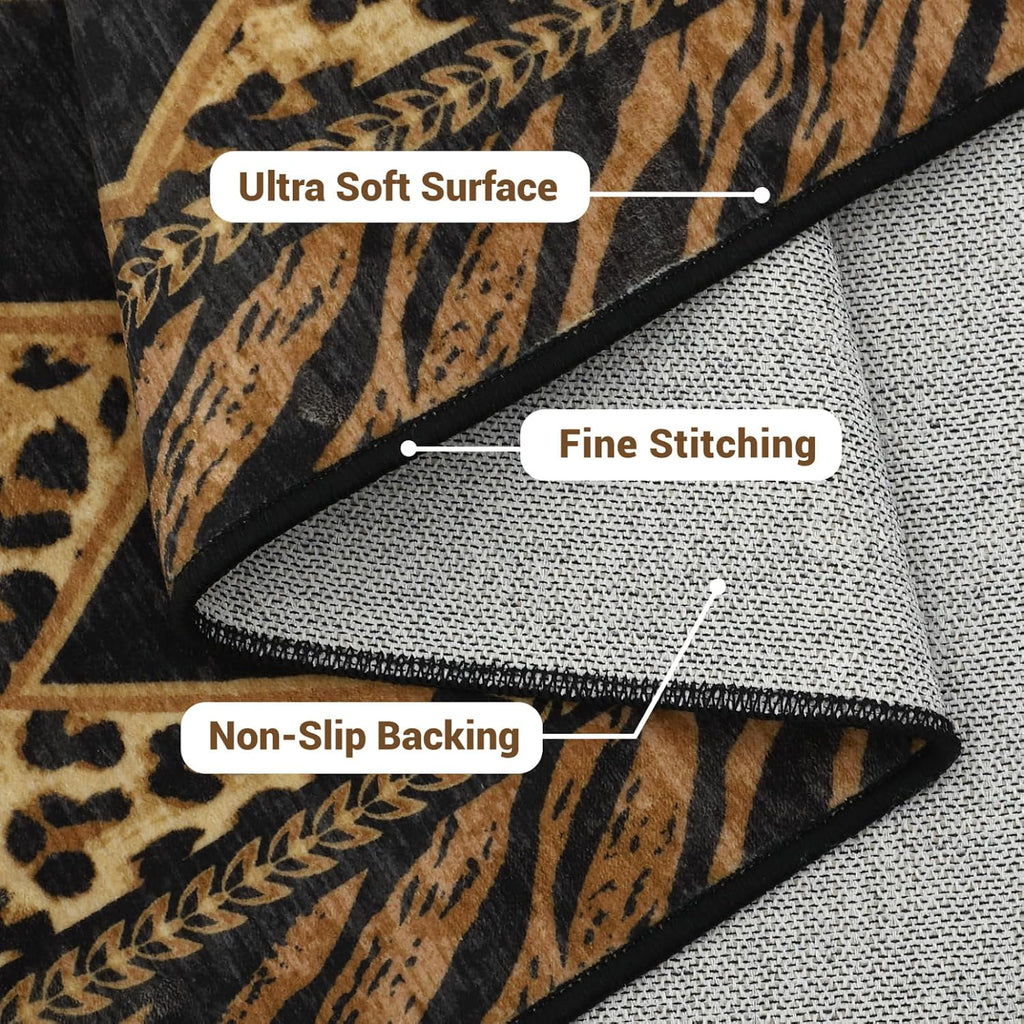 Leopard Rugs, Washable Animal Print Large Area Rugs Non Slip, Soft Low Pile Checkered Indoor Carpet, Brown/Black