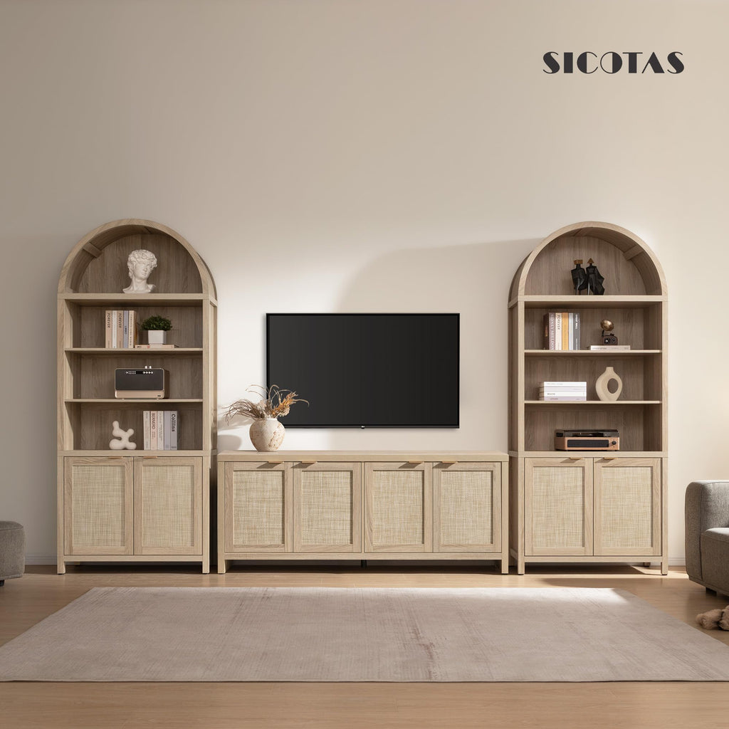 84.2" Tall Arched Bookcase with Doors - 5 Tier Rattan Bookshelf