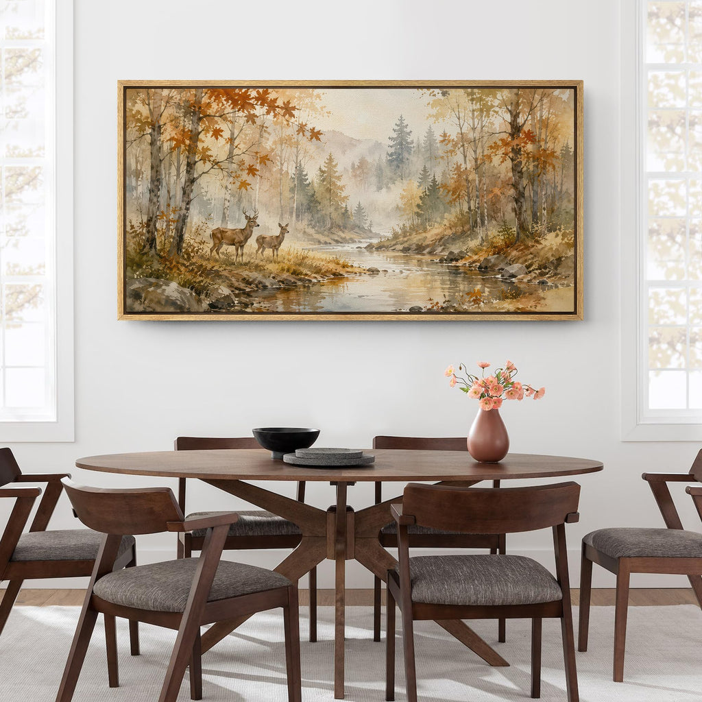 Extra Large Framed Canvas Print Wall Art Watercolor Autumn Forest Deer River Farmhouse Illustrations Modern Art