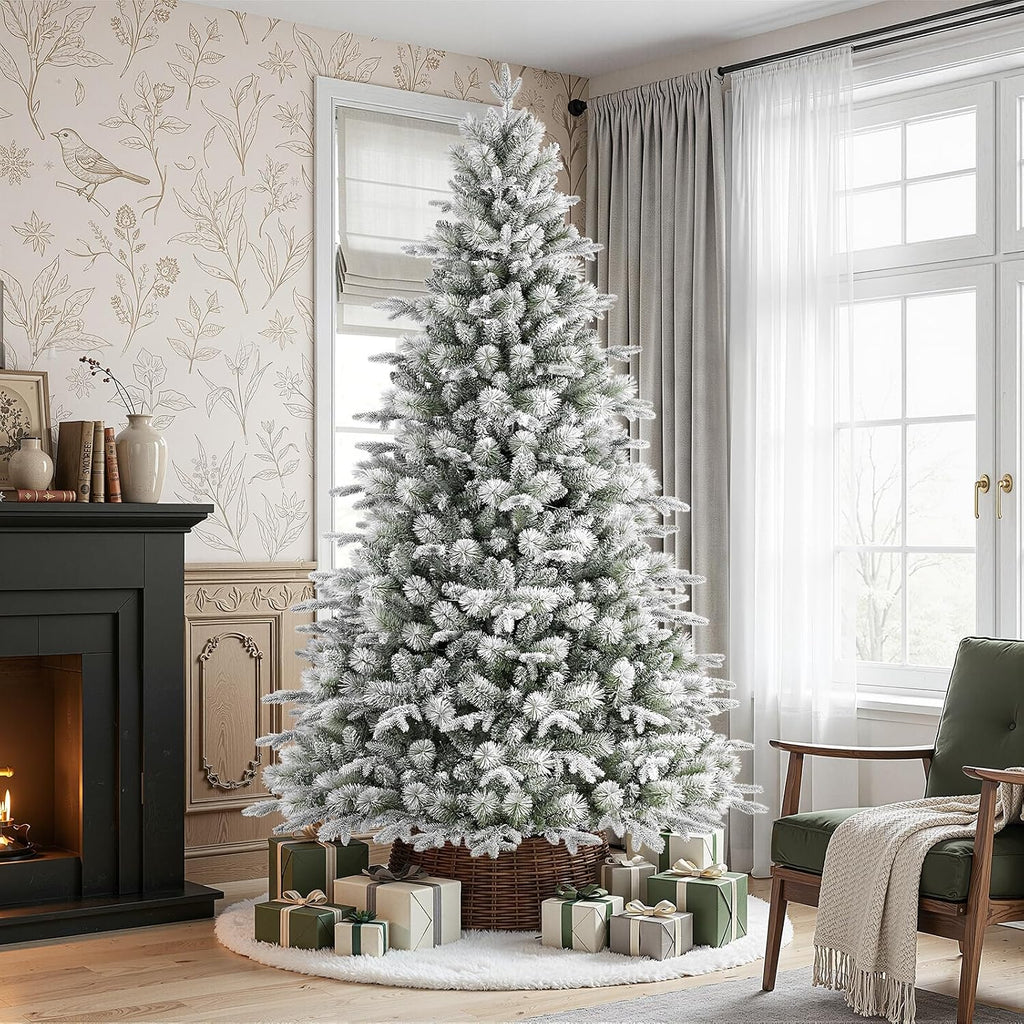 Prelit Artificial White Flocked Christmas Tree & Warm Lights