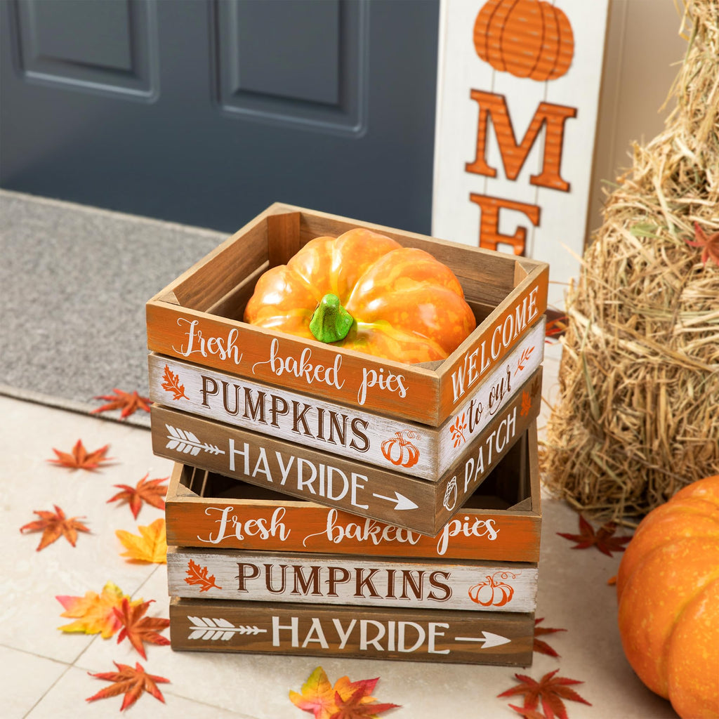 Fall Harvest Wood Crate, Rustic Nesting Wooden Crates Set of 2, Farmhouse Fall Decorative Wood Storage Gift Boxes for