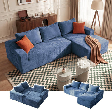 95" Boneless Couch, L-Shape Sectional with Right Chaise, Blue