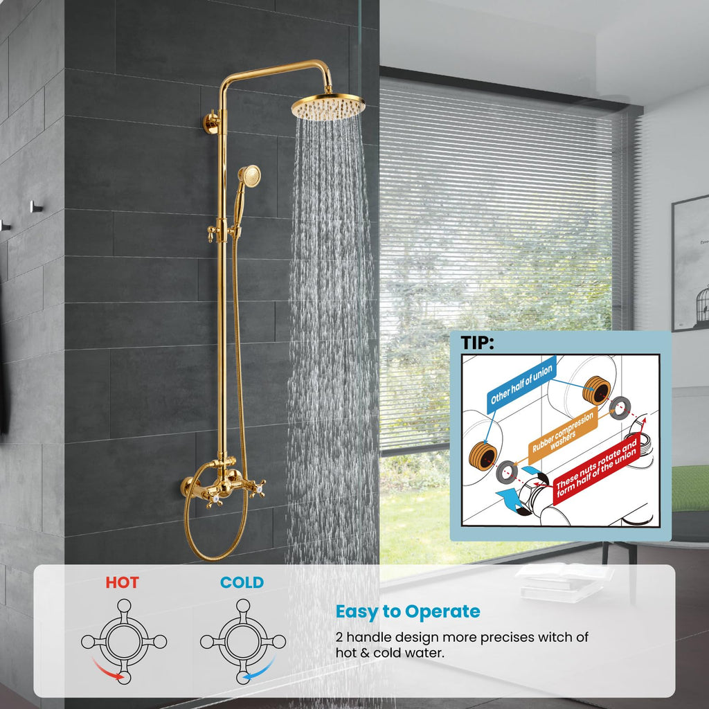 Exposed Shower System 8'' Head with Handheld Polished Gold