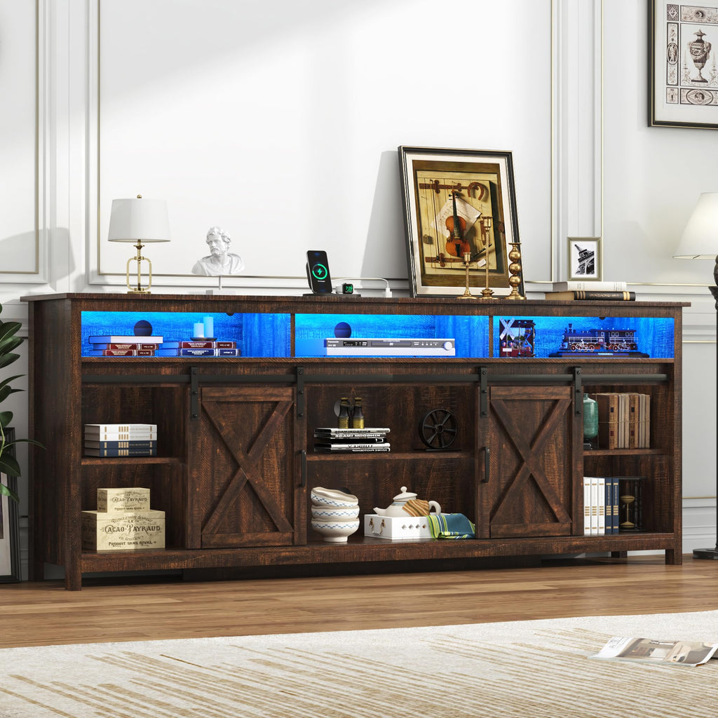 LED Farmhouse TV Stand for 90/85 inch TVs, Rustic Entertainment Center TV Cabinet Stands with Power Outlets, Brown