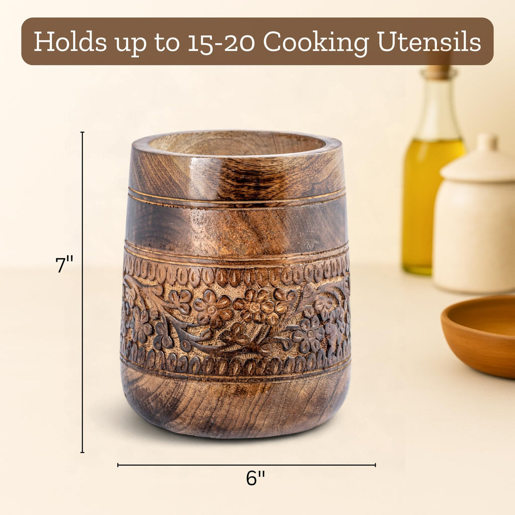 Rustic 7'' Large Utensil Holder, Wooden Kitchen Crock Brown