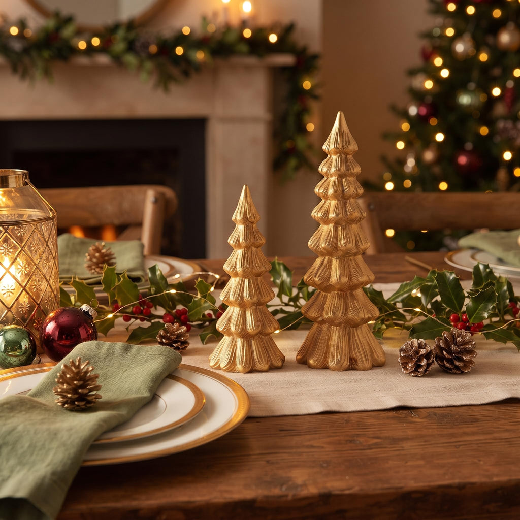Gold Christmas Tree Decorations, 2Pcs Resin Tabletop Xmas Tree Figurines