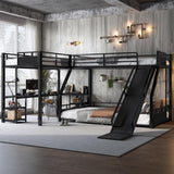 Twin XL Over Queen L Shaped Bunk Bed with Twin Loft Bed, Heavy Duty Metal Triple Bunk Bed with Slide