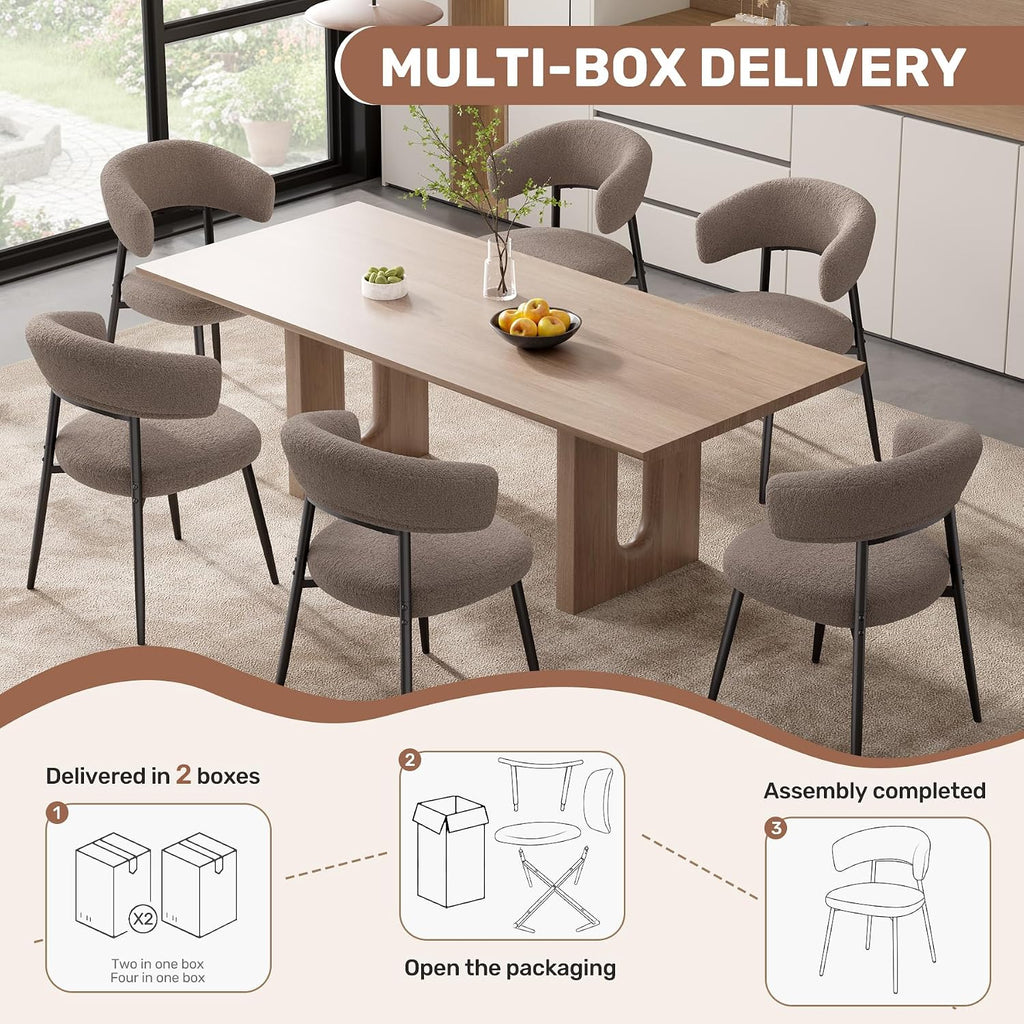Dining Chairs Set of 4, Mid Century Modern Kitchen Chairs, Boucle Upholstered Dining Chair with Curved Backrest &