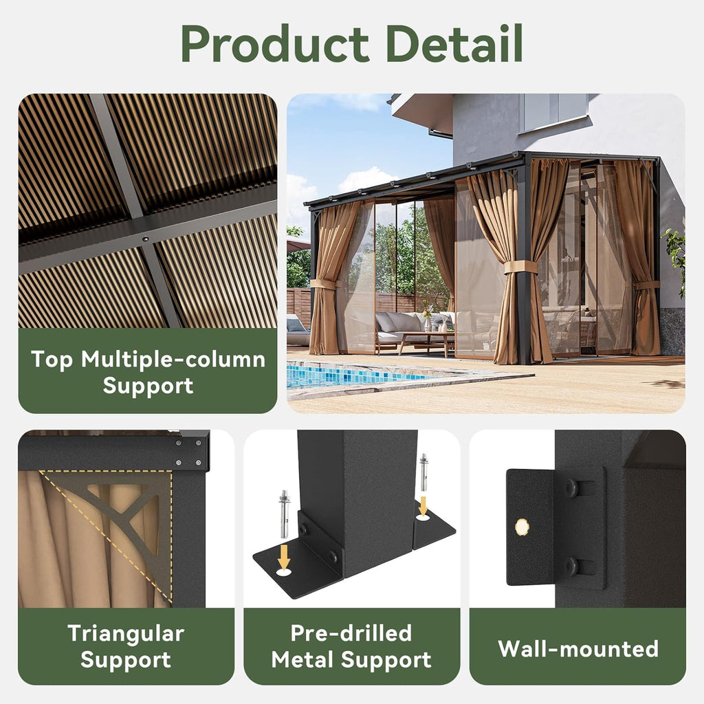 10'x12' Lean to Gazebo with Mosquito Net and Curtains, Alumi - Image 2