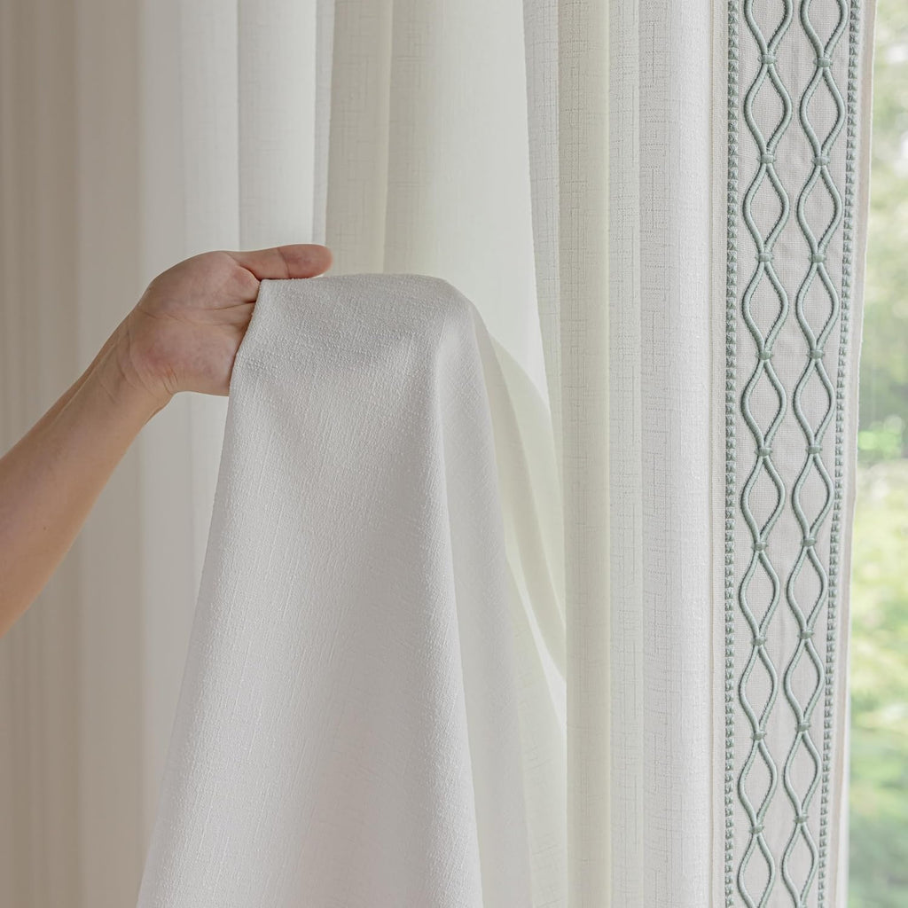 White Colour Linen Curtain Panels with Embroidered Trim Design, Pinch Pleat Curtains, Semi-Sheer Curtains for Sliding