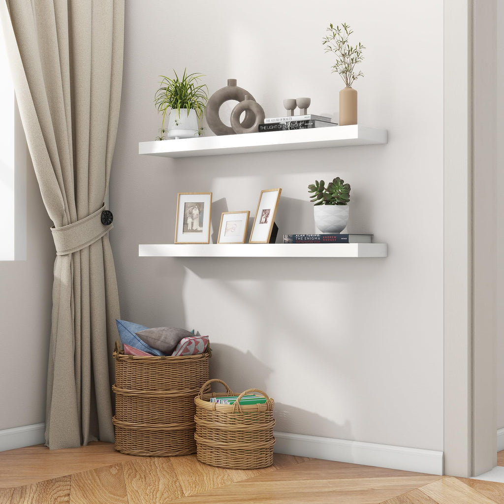 36 Inch Floating Shelves, 6.7 Inch Deep White Wall Shelves Set of 2