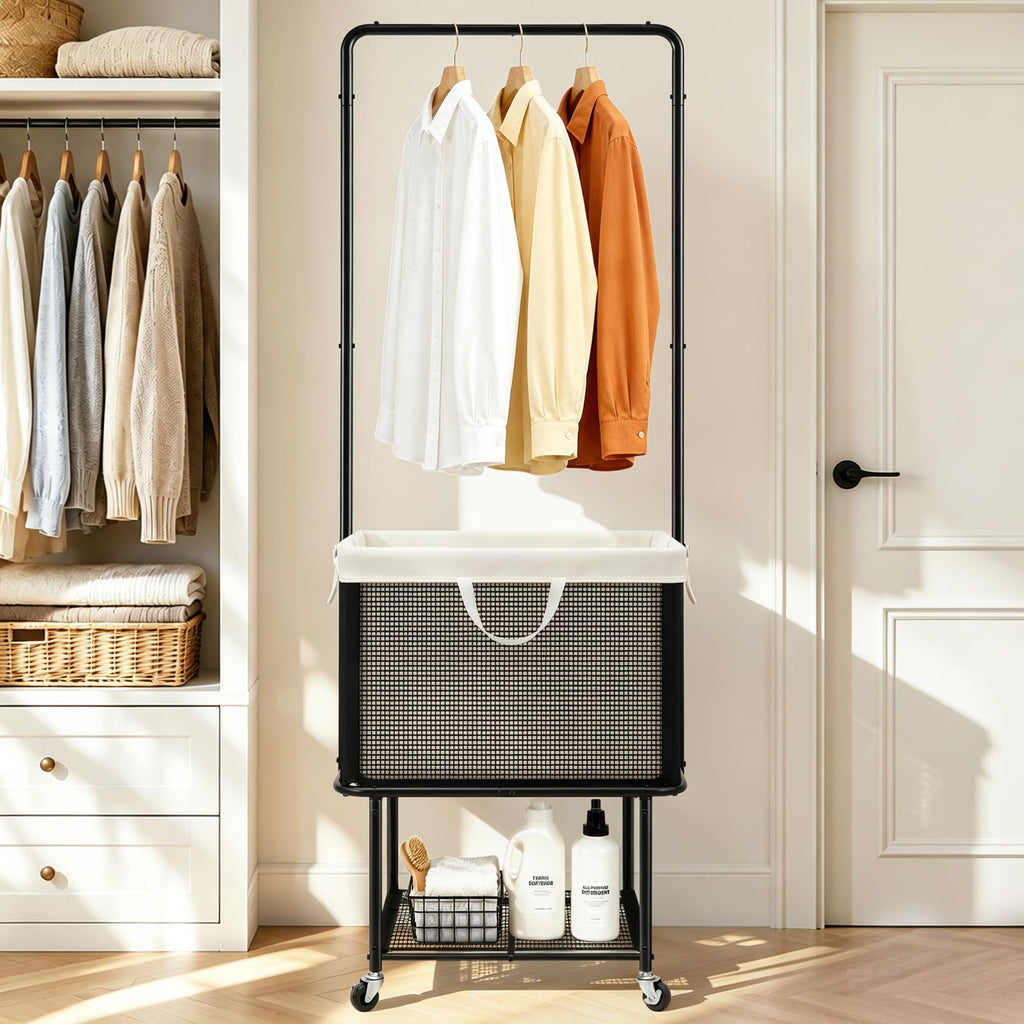Rolling Laundry Cart with Hanging Bar, Laundry Hamper with Wheels