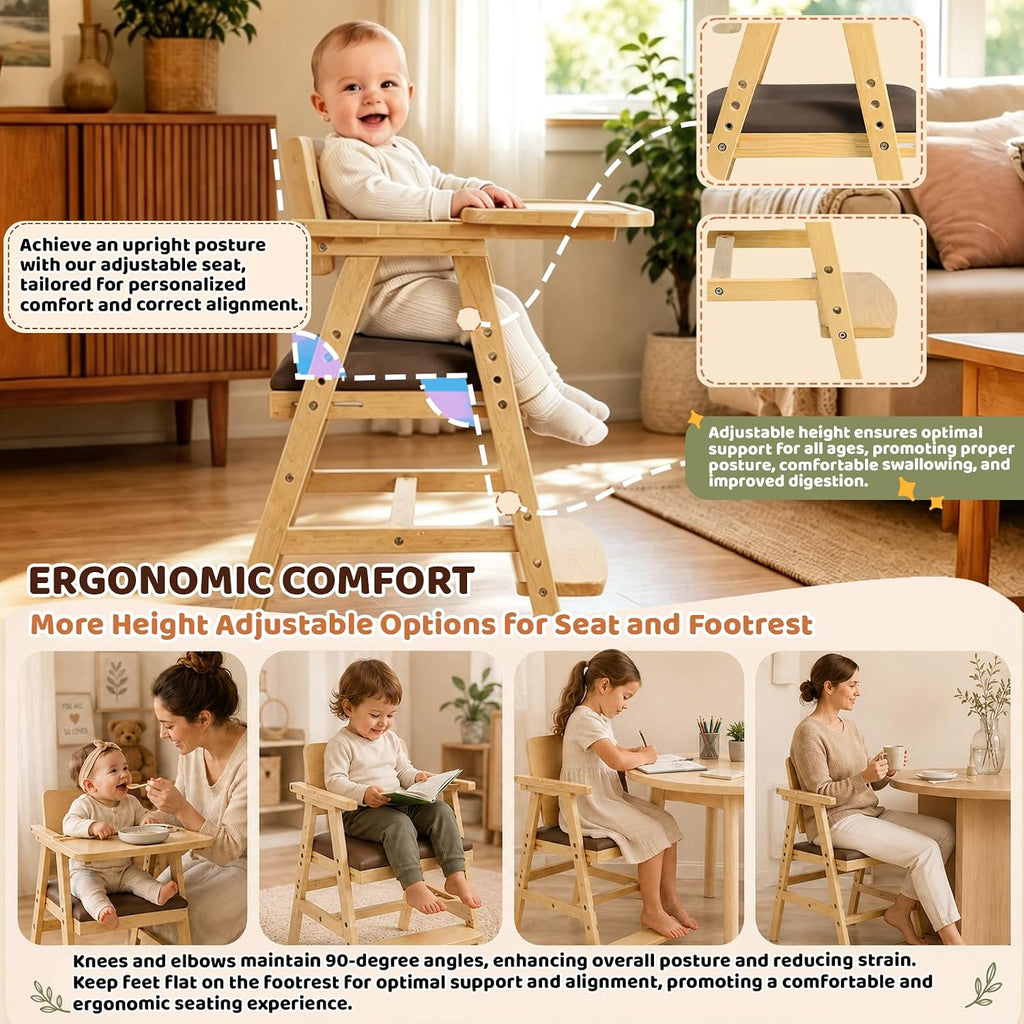 3-in-1 Wooden High Chair for Baby & Toddler with Adjustable Tray, Natural | Ergonomic Design, Built-in Foot Steps