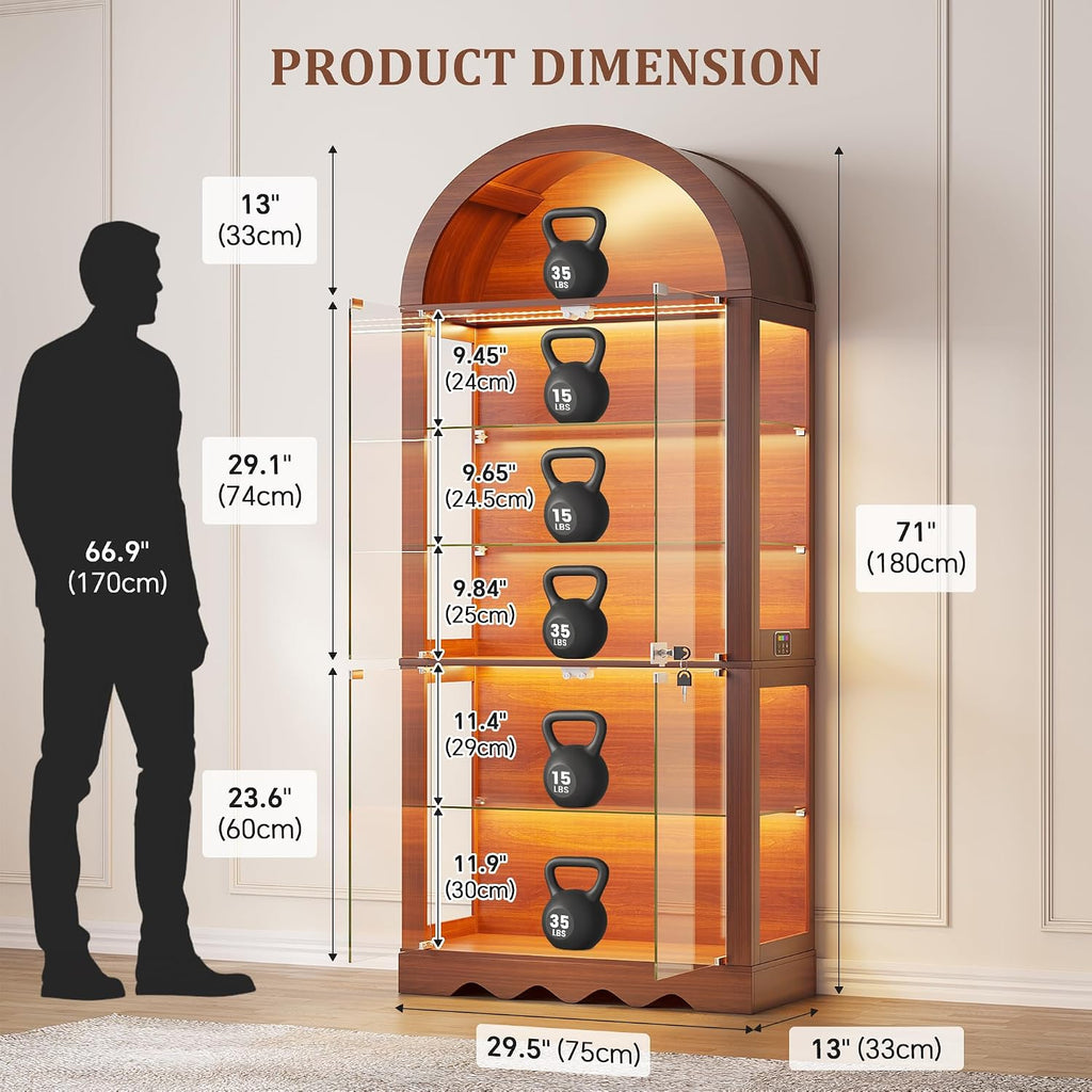 6-Tier Arched Glass Display Cabinet with RGB Lights & Lock | Curio Display Case, Glass Doors, Adjustable Large