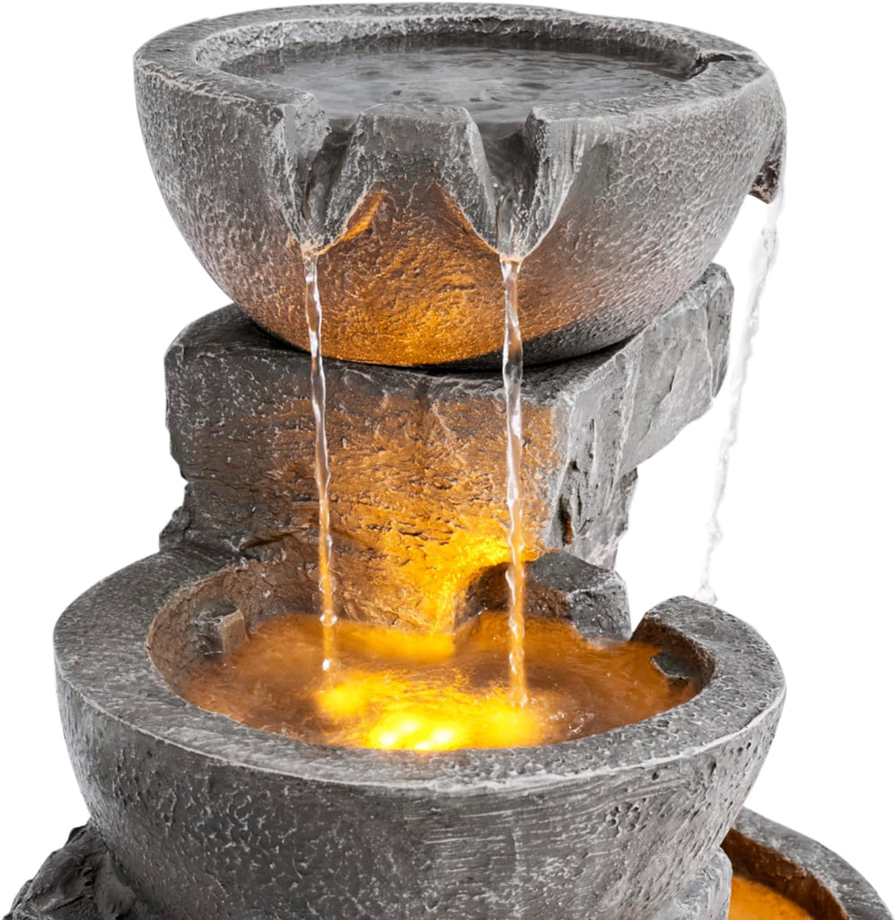 33.25 in. Cascading Bowls and Stacked Stones LED Outdoor Water Fountain for Gardens, Landscaping, Patios, Balconies