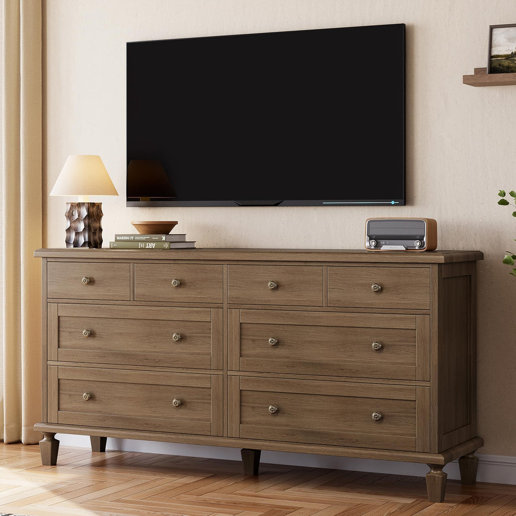 8 Drawer, Vintage 59" Long TV Stand with Carved Handles and Tapered Legs, Wood Chests of Drawers with Large