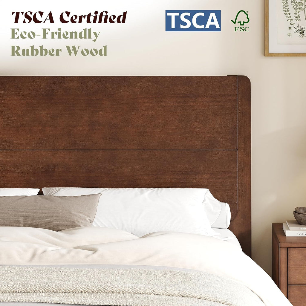 Solid Wood King Bed Frame with Headboard, Japanese Joinery, Walnut