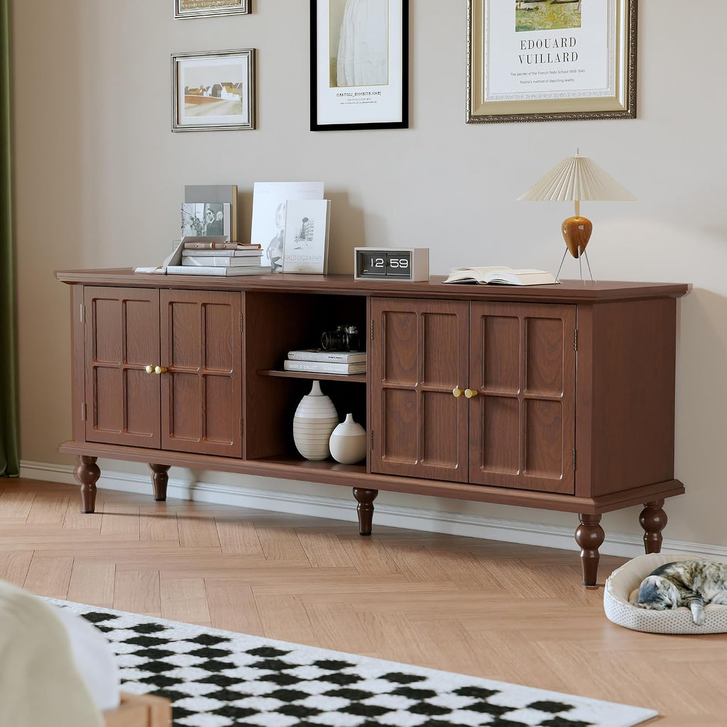 67" Mid Century Modern TV Stand with Window Design,Wood Entertainment Center with Open Shelf,Up to 70" Media TV for