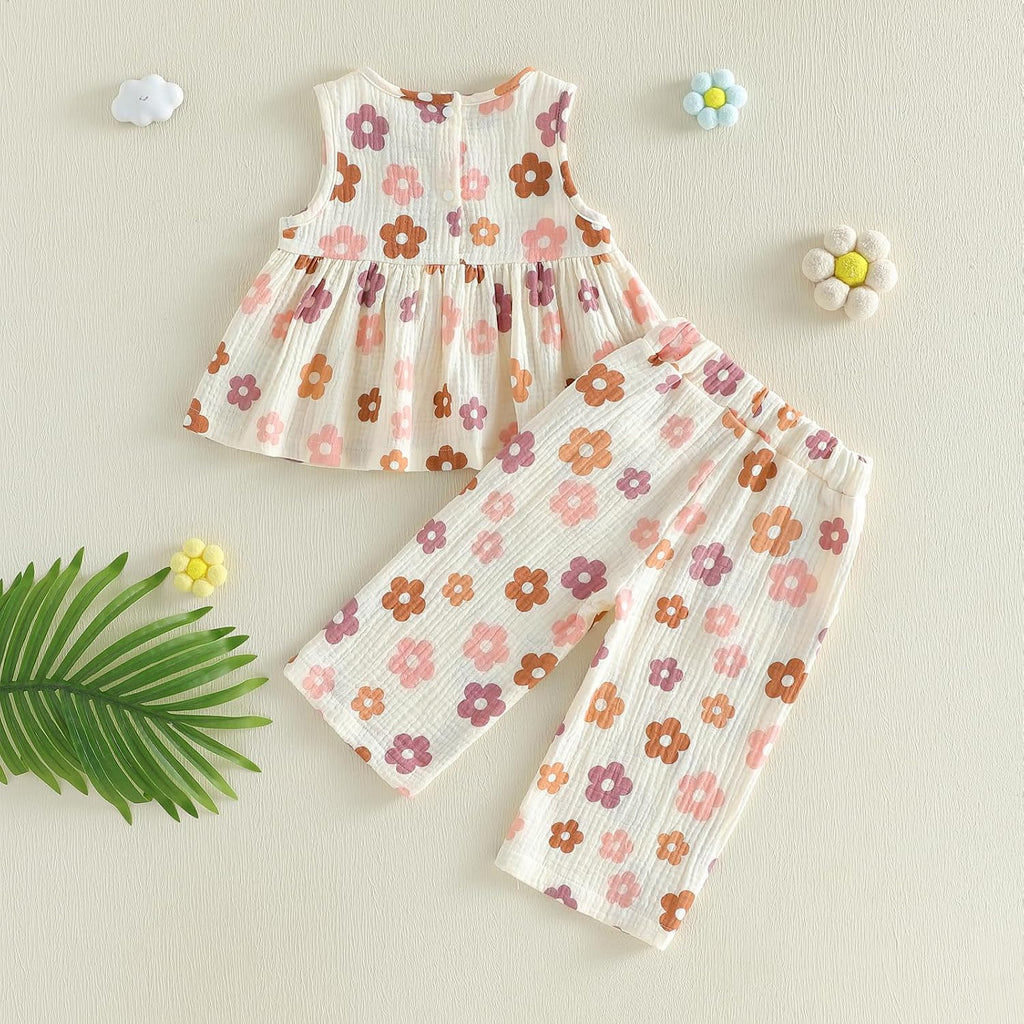 Toddler Baby Girl 2Pieces Clothes Set Boho Floral Print Tank Tops Cotton Gauze Pants Little Girl Summer Outfit