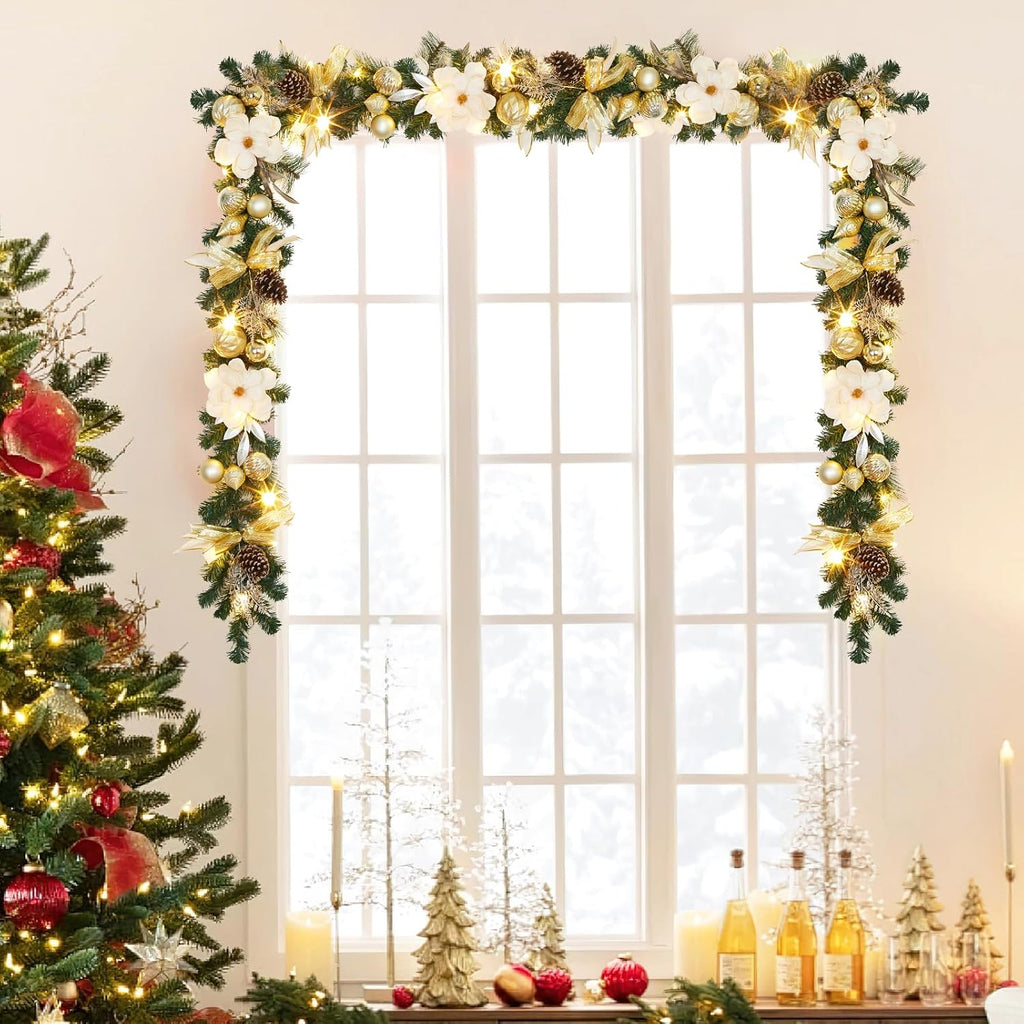6 Ft Lighted Christmas Garland, Pine Christmas Garland with Gold Accents & Pinecone, 20 Led Lights Christmas