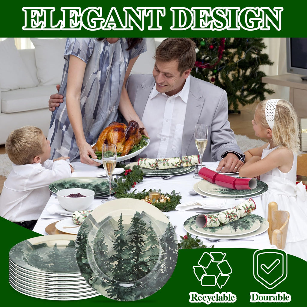 10 Inch 8 Pcs Christmas Melamine Dinner Plates, Green Tree