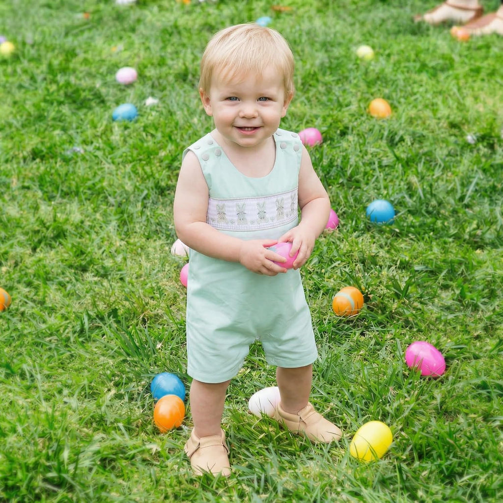 Baby Boys Bunny Smocked Shortalls, Cotton Jon Jon Romper - Spring Summer Toddler One Piece Outfit with Snaps Gift