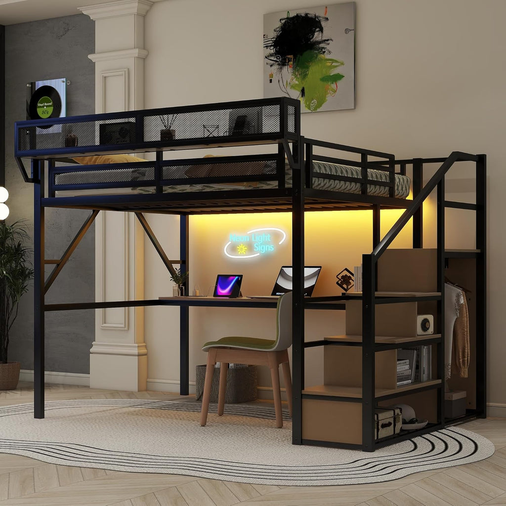 Queen Metal Loft Bed Frame with Desk, Staircase, Built-in Storage Shelves and Wardrobe