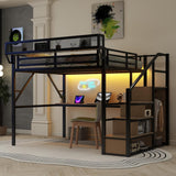 Queen Metal Loft Bed Frame with Desk, Staircase, Built-in Storage Shelves and Wardrobe