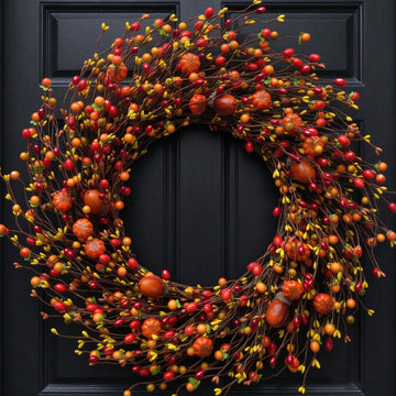Fall Berry Wreath, 20" Autumn Orange Front Door Wreath Harvest Wreath with Pumpkins, Acorns Artificial Wreath for