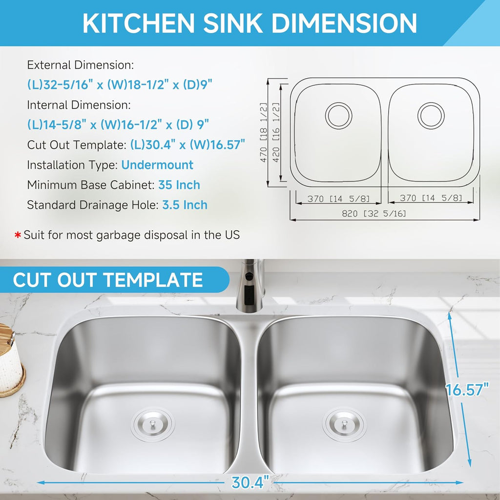 32 Inch Undermount 50/50 Double Bowl Stainless Steel Kitchen Sink | 304 Stainless Steel, 18 Gauge Thickness