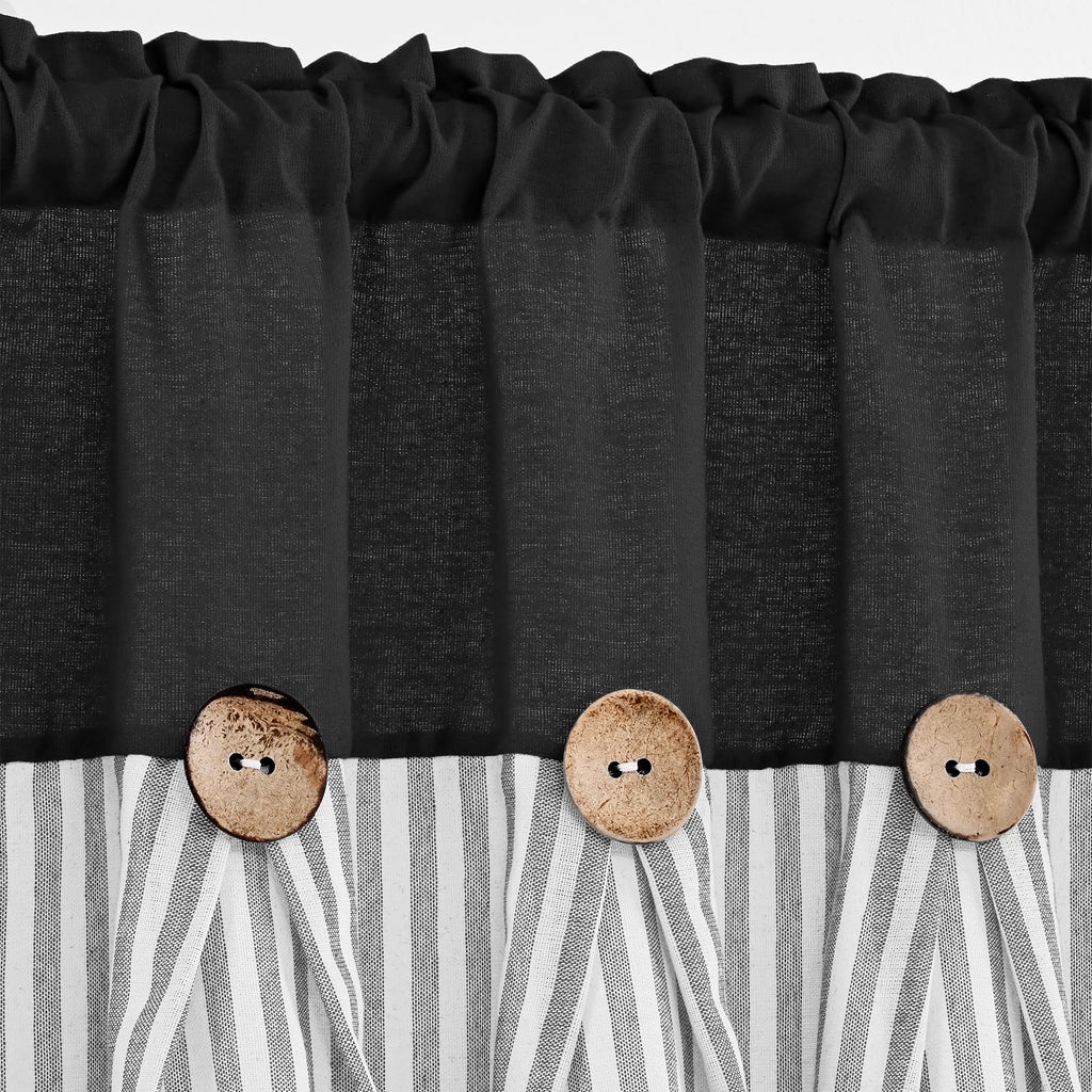 Farmhouse Cotton Linen Swag Valances for Windows, Boho Kitchen Curtains Valances with Rustic Buttons, Black Striped