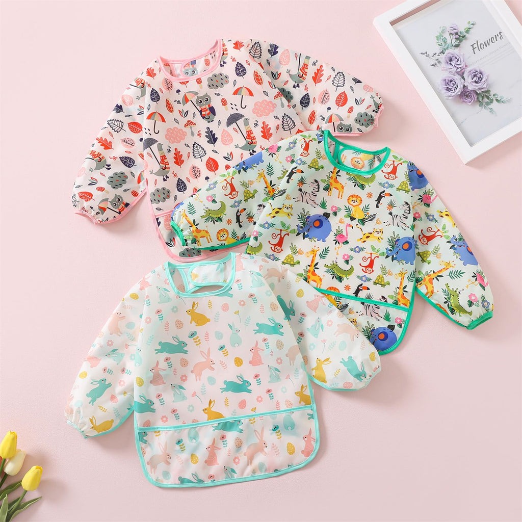 3 Pcs Waterproof Long Sleeves Baby Bibs Weaning Smock Bib 3-30 Months