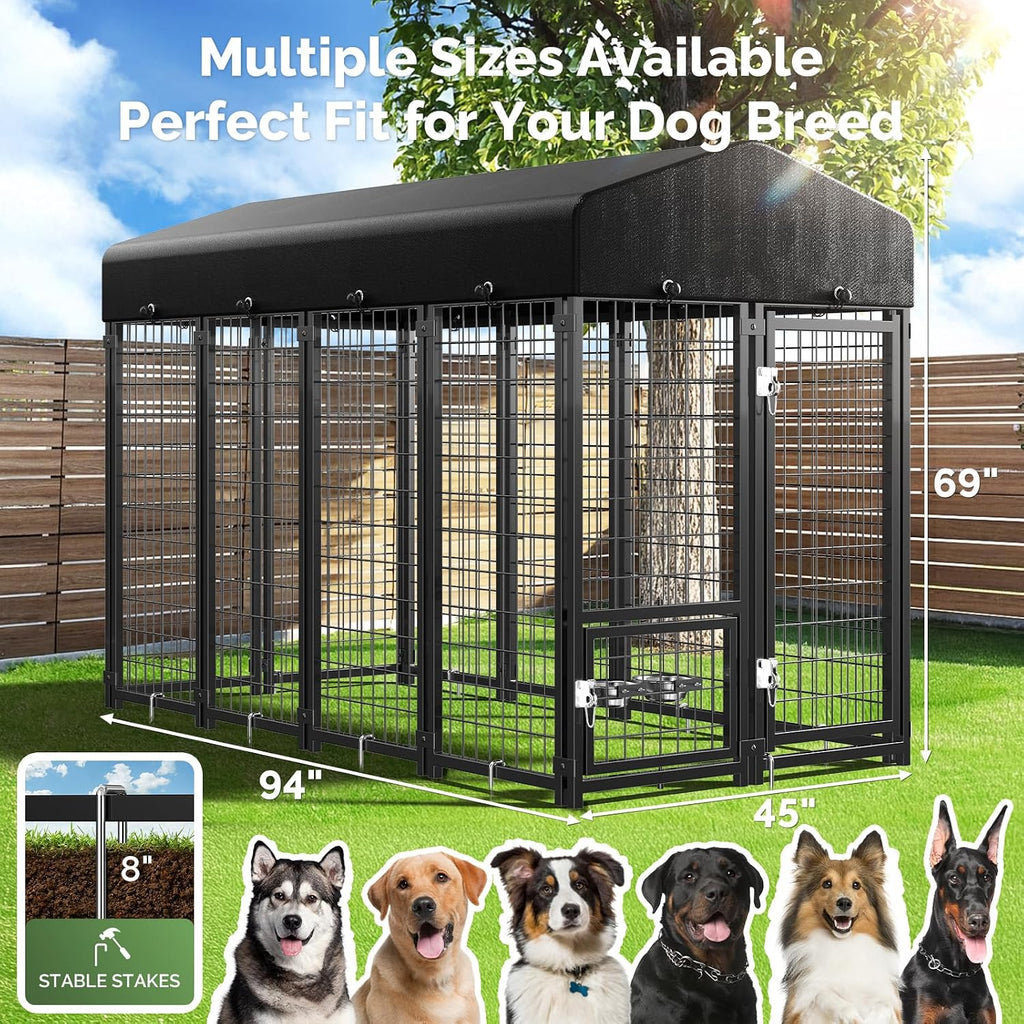2PCS Outdoor Dog Kennel Outside Run with Doggy Door, Swivel Feeder&Roof - 8x4x6FT Large Dog Kennels Pens Outside