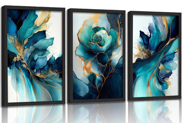 Framed Green gold canvas wall art Modern Blue Green and Gold Abstract Marble Fluid Posters Print Artwork Living Room