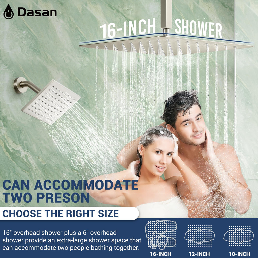 Thermostatic Dual Shower Head System with 6 Body Jets, 6-Inch Shower & 16" Rainfall Shower, Luxury Brushed Nickel