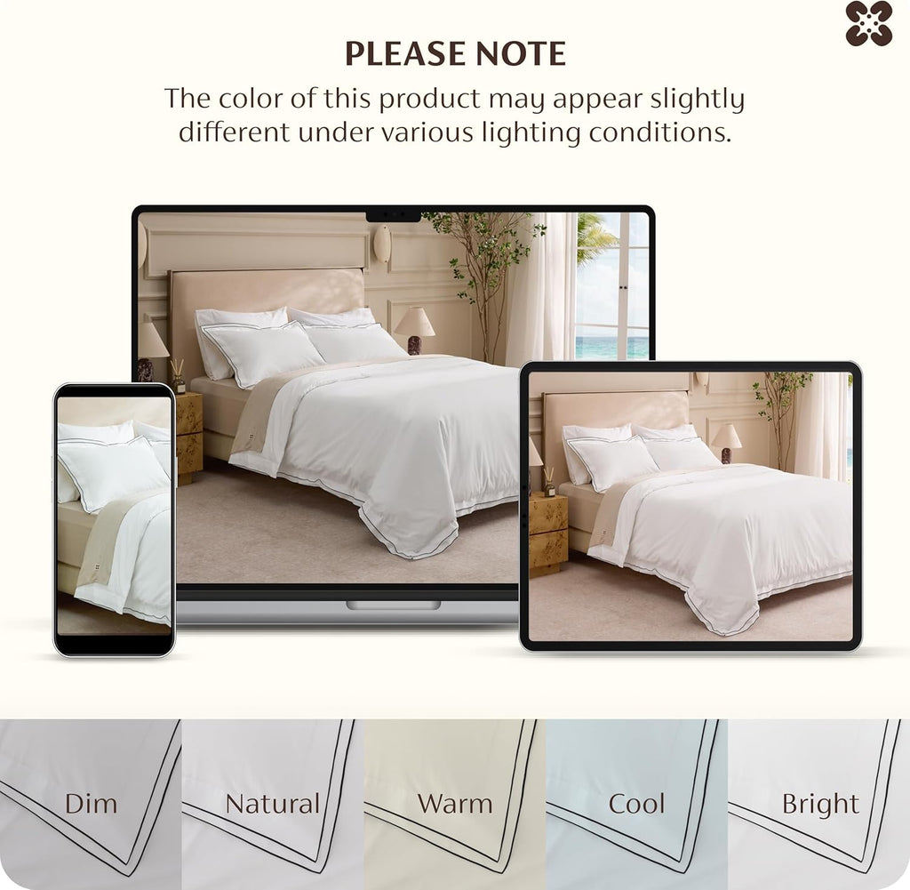 100% Cotton Percale Duvet Cover King, Breathable for Hot Sleepers | Hotel-Style Leaf Edge White Comforter Cover