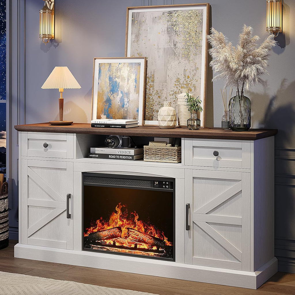 Farmhouse Fireplace TV Stand with 23 Inch Electric Fireplace, Entertainment Center for TVs up to 70 Inches, Media Console with Drawers, Antique White
