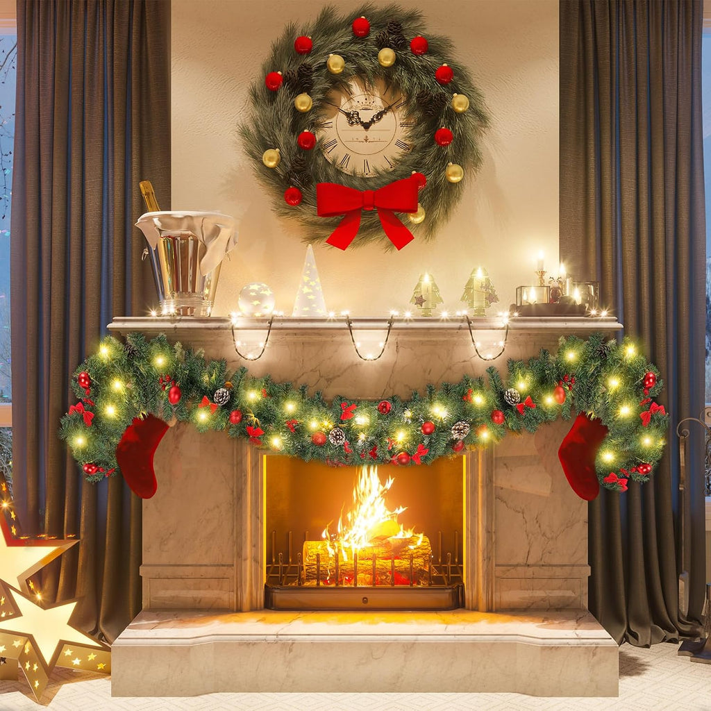 15ft Prelit Christmas Garland with 100 LED Light,Berry Bow Garland