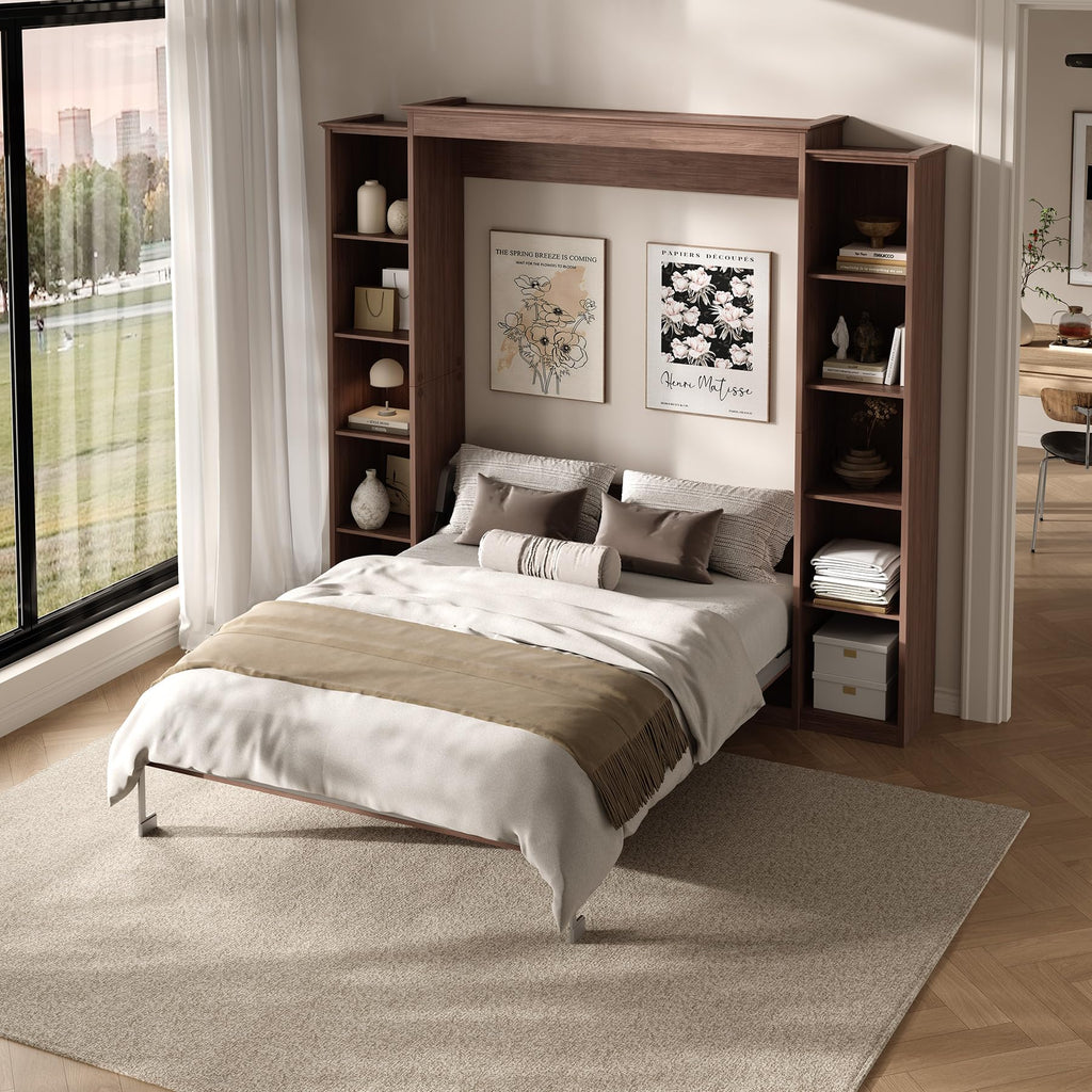 Murphy Bed Full Cabinet with 5-Tier Shelves, Wood Wall Bed, Walnut