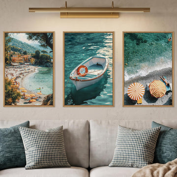 Italy Amalfi Coastal Teal Seascape Framed Canvas Wall Set, Mediterranean Positano Italian Beach Turquoise Blue Wall