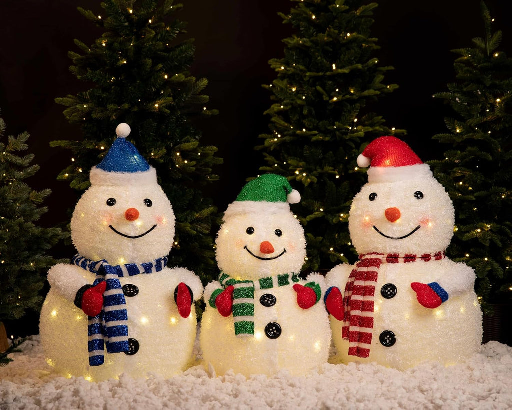 3-Piece 32-Inch LED Lighted Outdoor Snowman Family Set - Weather-Resistant Christmas Yard Decorations with Ground