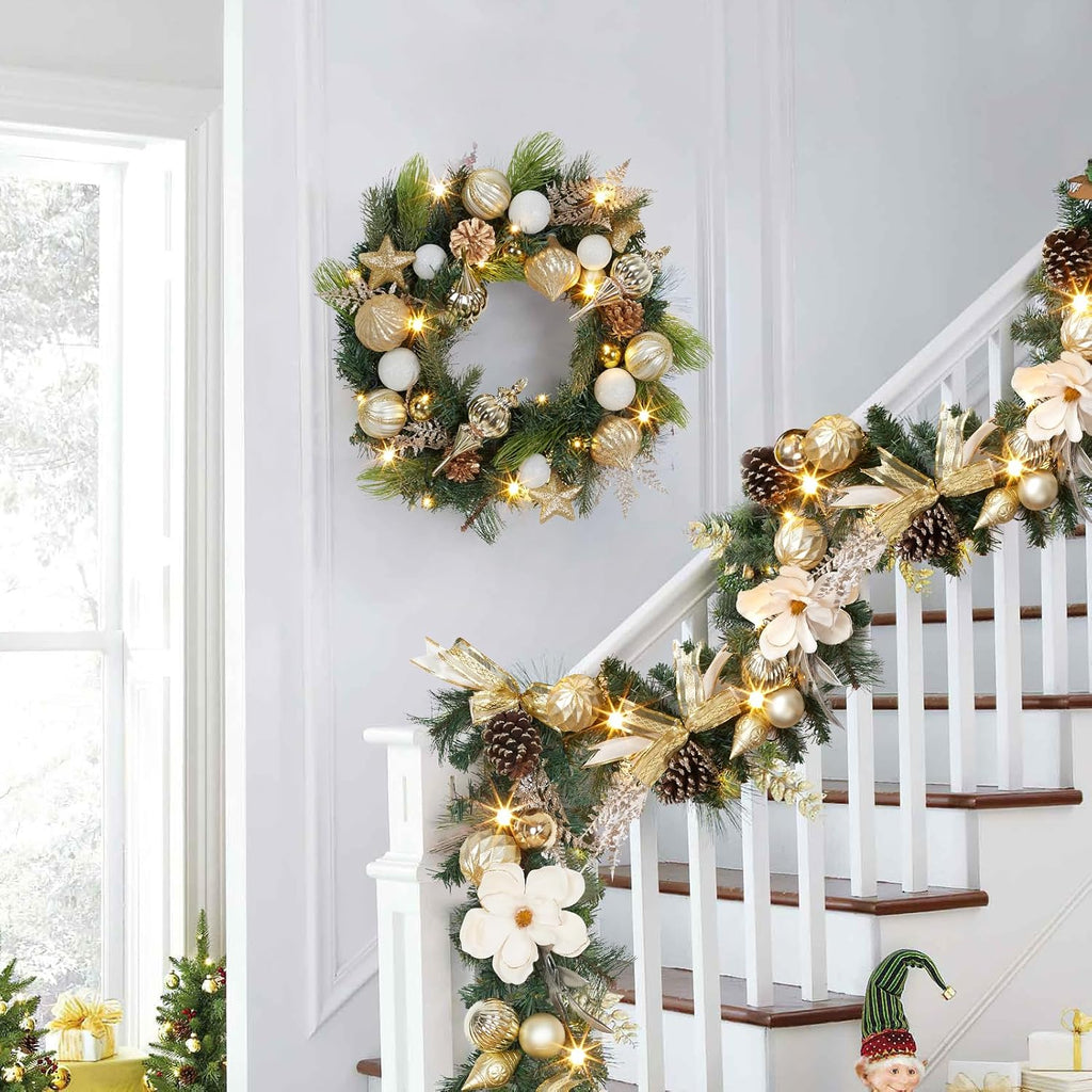 6 Ft Lighted Christmas Garland, Pine Christmas Garland with Gold Accents & Pinecone, 20 Led Lights Christmas